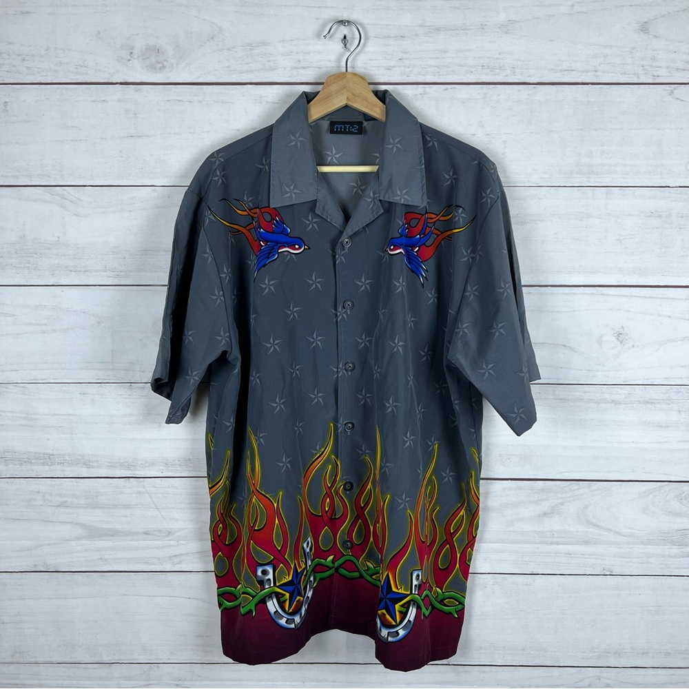 Vintage Y2K Tattoo Flame Button Shirt Large
